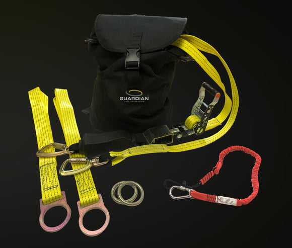 04662 65 ft webbing HLL Kit Includes: ratchet tensioner, 65 ft webbing, (2) 6 ft cross arm straps, (2) carabiners, (2) O-rings, (1) tether lanyard, (1) storage bag